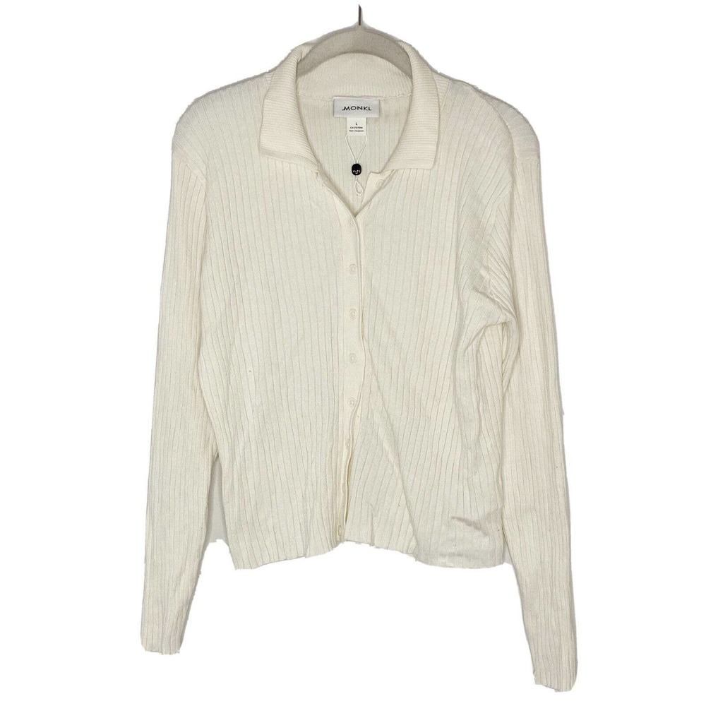 Monki Womens Button Front Ivory Long Sleeve Ribbed Knit Sweater Size Large Nwot